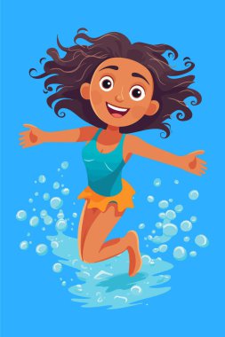 Suya atlayan tatlı küçük kız. Havuza atlayan çocuğun vektör çizimi 