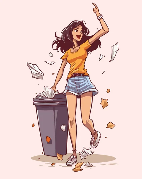 病媒图解 卡通少女抛掷垃圾 — 图库矢量图片