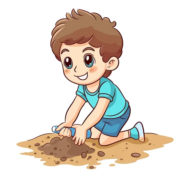 Jongen Spelen Zand Het Zand Illustratie — Stockvector