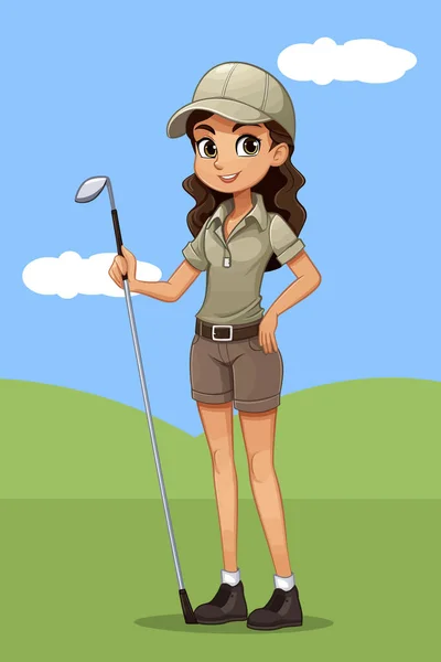 Een Jonge Golfvrouw Die Een Golfbaan Staat — Stockvector