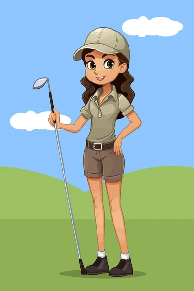 ゴルフ場に立つ若いゴルファーの女性は — ストックベクタ