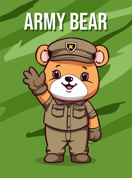 Χαριτωμένη Αρκούδα Στρατιώτης Χέρια Ψηλά Και Κρατώντας Μια Σημαία Εικονογράφηση — Διανυσματικό Αρχείο