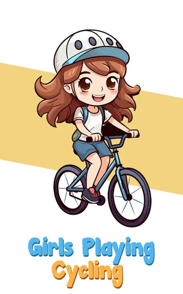 Vektor Illusztráció Rajzfilm Lány Karakter Kerékpározás Teljes Test — Stock Vector