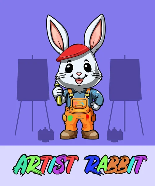Cartoon Cute Animal Artist Rabbit Painting — Stock Vector