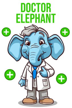 Vector Illustration, Doctor Elephant, Animal Clipart, cartoon doctor showing a big blue elephant