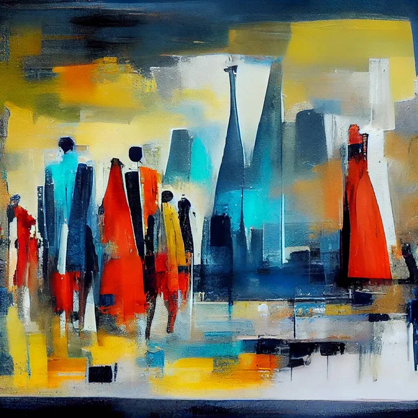abstract watercolor painting people in town