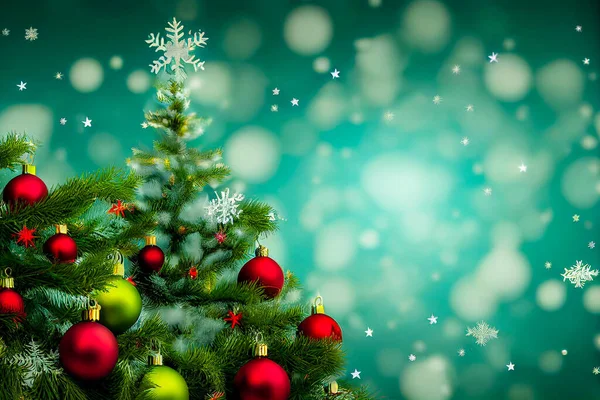 Kerstboom Met Ballen Sneeuwvlokken Achtergrond — Stockfoto