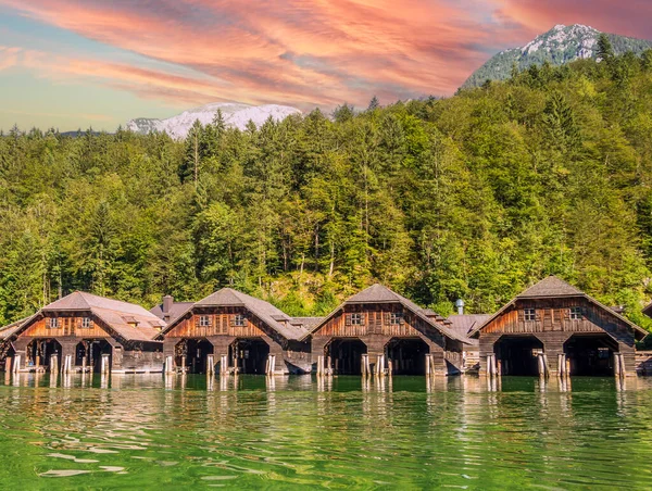 stock image Boathouses in Schoenau am Koenigssee Berchtesgaden Alps