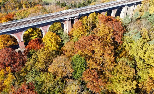 Старый Мост Красочным Осенним Лесом — стоковое фото