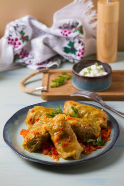 Lahana dolması. Lahana ambalajı. Chou farci, dolma, sarma, golubtsy veya golabki. Düz yatış, düzen, tepe üstü