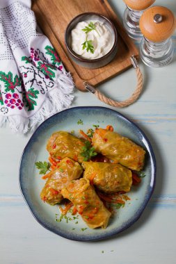 Lahana dolması. Lahana ambalajı. Chou farci, dolma, sarma, golubtsy veya golabki. Yukarıdan bak, en iyi stüdyo çekimi.