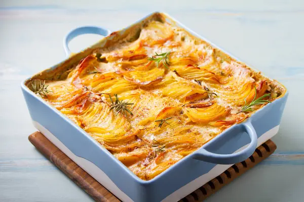 Yumuşak kremalı patates graten. Deniz tarağı ya da patates püresi.