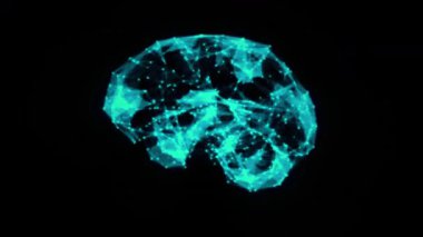 3D Holografik Beyin Bright Blue Partikülleri tarafından LCD Ekran 'da oluşturuldu, Poligon Tozu' na dönüşmeden önce 360 derece döndürüldü. Geleceğin Nöral Yapay Zeka Görselleştirmesi. Yüksek kalite 4k görüntü