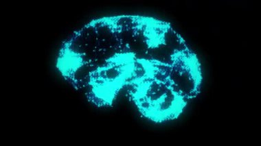 Mavi Parçacıklı 8-bit Çokgen Beyin Formasyonu. Retro Futuristik Holografik Kablo Beyin Animasyonu Düşük Çözünürlük Biçiminde Dijital Şebeke ve Bilimkurgu Estetiği ile Yapıldı. Yüksek kalite 4k görüntü