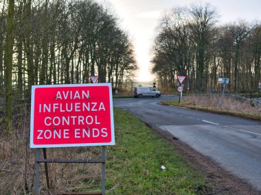 Yol kenarındaki kırmızı uyarı levhası okuyucunun kuş gribi kontrol bölgesinden ayrıldığı konusunda uyarıda bulunuyor. Kış güneşinde Derbyshire, İngiltere 'de mavi bir gökyüzü ile çekildi..
