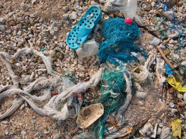Plastik döküntüler tropik bir plajda karaya vurmuş. Deniz plastik kirliliğine bir örnek.