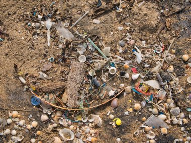 Plastik döküntüler tropik bir plajda karaya vurmuş. Deniz plastik kirliliğine bir örnek.