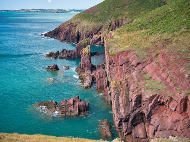İngiltere 'nin Pembrokeshire kentindeki Manorbier yakınlarındaki kıyı kırmızı kayalıkları - ana kayanın dikey olarak eğimli kaya tabakası Milford Haven Grubu' nun - Argillaceous kayaları ve kumtaşı,.