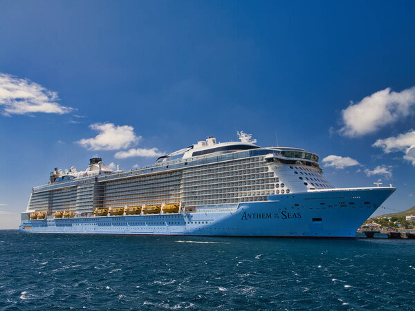 St Kitts: Jan 25 2024: The Royal Caribbean cruise ship Anthem of the Seas moored in Basseterre, St Kitts in the Caribbean. Taken on a sunny day with a blue sky.