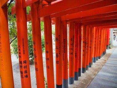 Japon yazıtlarına sahip kırmızı torii kapıları Fukuoka, Kyushu, Japonya 'daki bir Shinto türbesinde geleneksel bir geçit oluşturuyor, yerel kültür ve mirası sergiliyor..