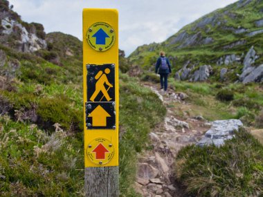 Koyun Kafası, İrlanda - Haziran 02: 2025: Bereketli Koyun Başı Yolu 'nda bir yürüyüşçü kayalık yoldan yükselirken canlı bir patika işareti.