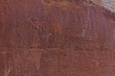 Baharda Utah, Fruita yakınlarındaki Capitol Resifi Ulusal Parkı 'ndaki Petroglyph Panelleri. Seçici odak, arkaplan bulanıklığı ve ön plan bulanıklığı. 