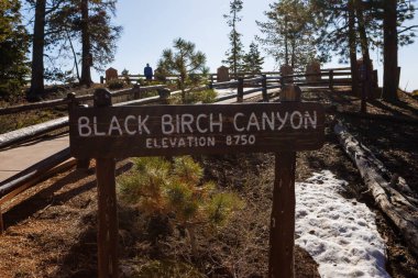 Baharda Utah 'taki Bryce Canyon Ulusal Parkı' nda Siyah Birch Kanyonu tabelası.