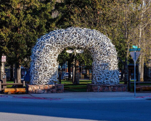 Jackson, Wyoming, USA  - May 16 2023: Elk antler arch on the corner of Jackson Holes George Washington Memorial Park, more commonly called the Town Square. 