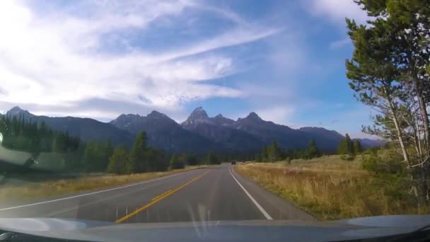 Driving Northbound Teton Park Road View Cathedral Group Mountains Grand — Stock Video