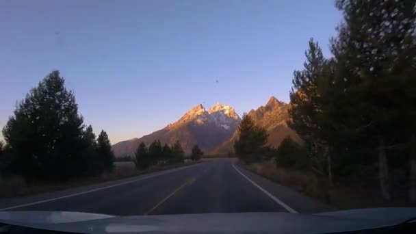 Driving Jenny Lake Road Passing Cathedral Group Turnout Grand Teton — Stock Video
