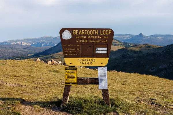 stock image Park County, WY, USA  -  August 15, 2024: Beartooth Loop sign on scenic Beartooth Highway 212