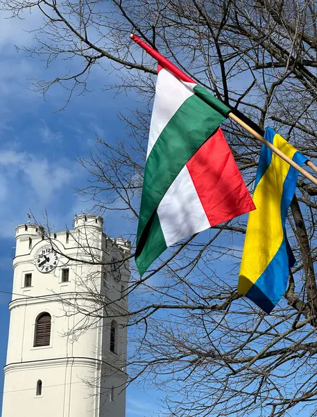 Maďarská Národní Vlajka Věž Kostela Stock Fotografie
