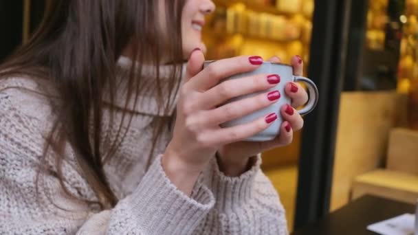 女の手を閉じてカフェでコーヒーを飲みながら笑顔で窓外を見回す観光客の秋のコーヒーブレイク — ストック動画