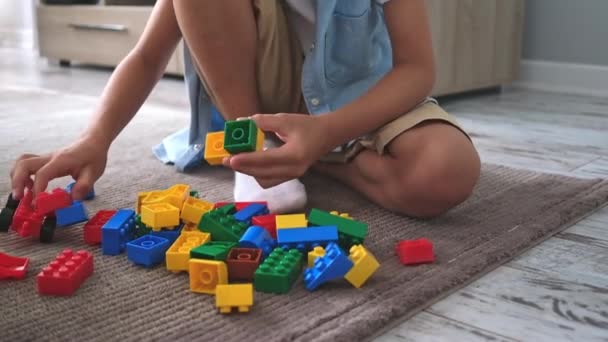 Menino Pequeno Brincando Com Blocos Plástico Coloridos Casa Sala Estar — Vídeo de Stock