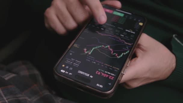Close Smartphone Stock Market Graph Touch Screen Hands Scrolling Checking — Vídeo de Stock