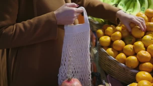 Kadın Eli Yiyecek Pazarında Meyve Sebzeleri Iple Alışveriş Torbasına Koyar — Stok video
