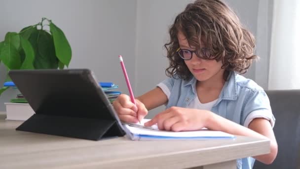 可爱的小男孩 卷发和眼镜 在网上学习远程从家里 专注的孩子使用数码平板电脑 在视频课上学习 — 图库视频影像