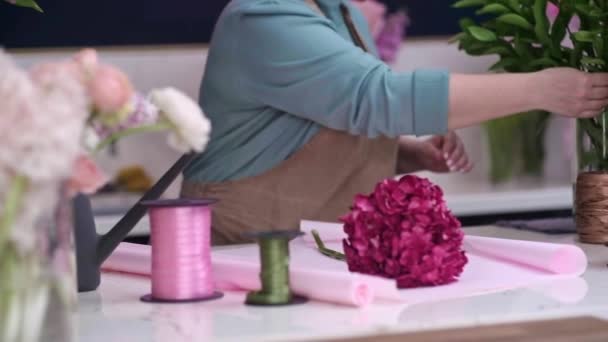Begåvad Blomsterhandlare Ung Kvinna Sitt Förkläde Väljer Blommor Och Gröna — Stockvideo