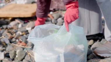 Parkta ya da plajda eldiven giyerken çöp toplamaya gönüllü olmak, doğa temizliği ve gönüllü ekoloji yeşili kavramı. Çevredeki plastik kirliliği. 