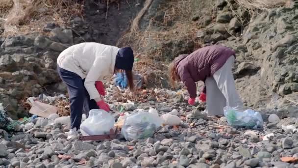 Verantwoorde Burgers Die Plastic Afval Van Kust Verwijderen Schade Aan — Stockvideo