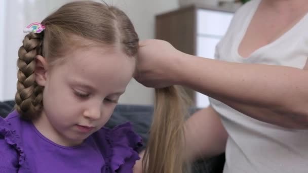 Hairdresser Stylist Brushing Child Girl Blond Hair Styling Hairdo Braid — Stock Video