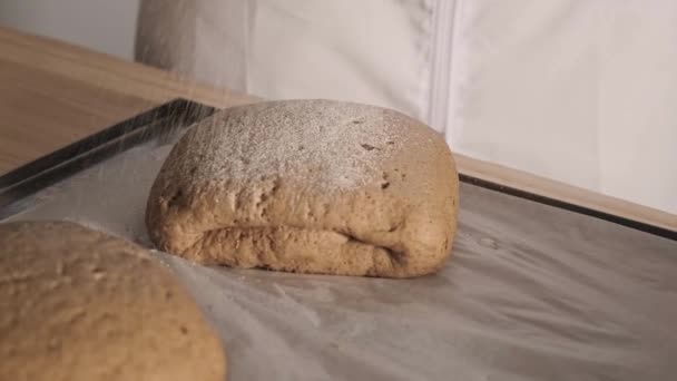 Panadero Verter Tamiza Harina Través Tamiz Prepara Masa Para Panadería — Vídeo de stock