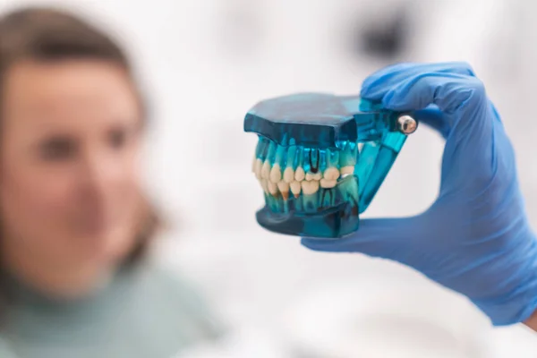 Zubař Pacient Diskutovat Léčebný Plán Při Pohledu Zubní Zuby Čelist — Stock fotografie