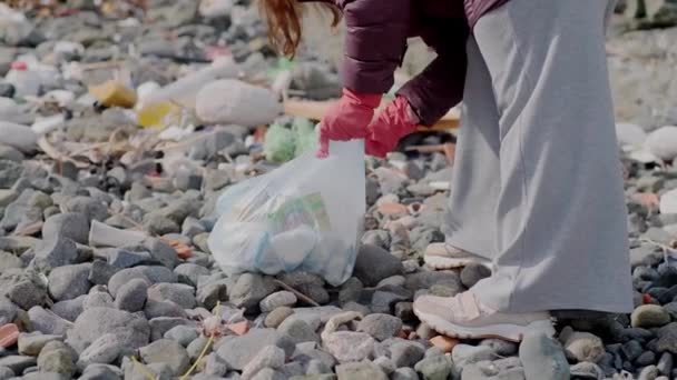 Close Volunteer Collecting Garbage Beach Demonstrating Concept Earth Day Action — Stock Video