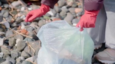 A volunteer girl is filling up a bag with litter as she participates in a campaign to promote the concept of a planet free from trash. recycling and plastic pollution problem