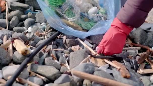 Закрыть Руки Женщины Перчатках Собирающих Пластиковый Мусор Помочь Очистить Пляж — стоковое видео