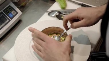 Profesyonel şef, avokado parçalarının üzerine leziz bir sos koyar. Beyaz tabak üzerinde yuvarlak şekillendirir. Restoranın mutfağında sağlıklı vejetaryen yemekleri oluşturur.