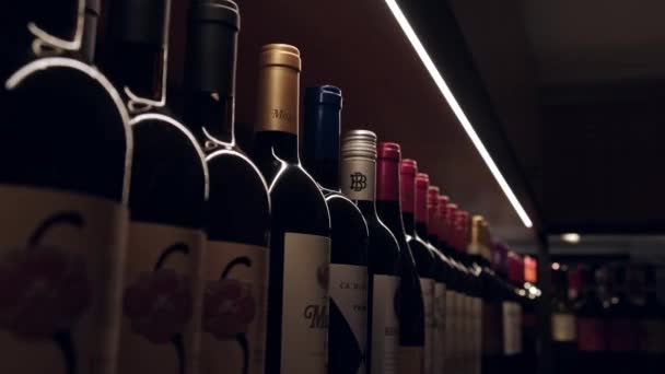 Szklane Butelki Różnego Rodzaju Wina Stojące Rzędzie Półce Ciemnym Barze — Wideo stockowe