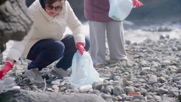 Group Volunteers Cleaning Polluted Beach Collecting Plastic Garbage Effort Preserve — Stock Video