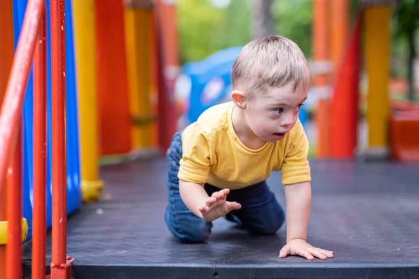 Curioso Preescolar Con Síndrome Sentado Escalador Colorido Patio Recreo Moderno —  Fotos de Stock